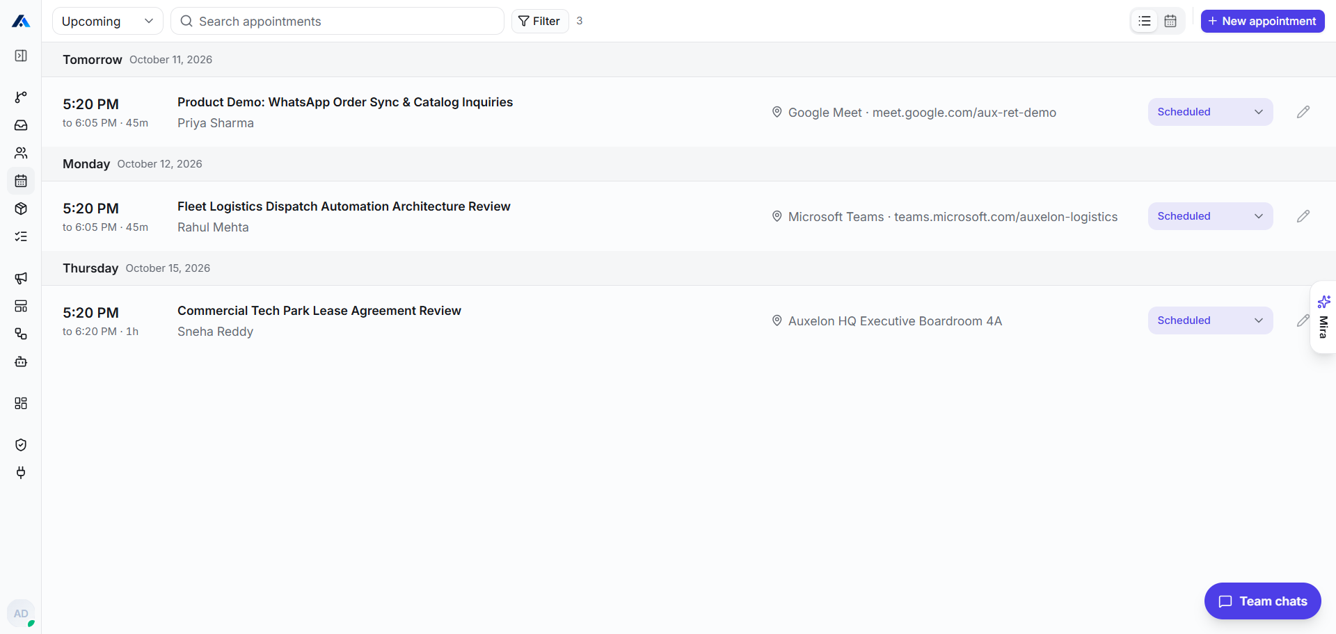 Auxelon CRM Appointments & Calendar with Google Meet and Microsoft Teams synchronization