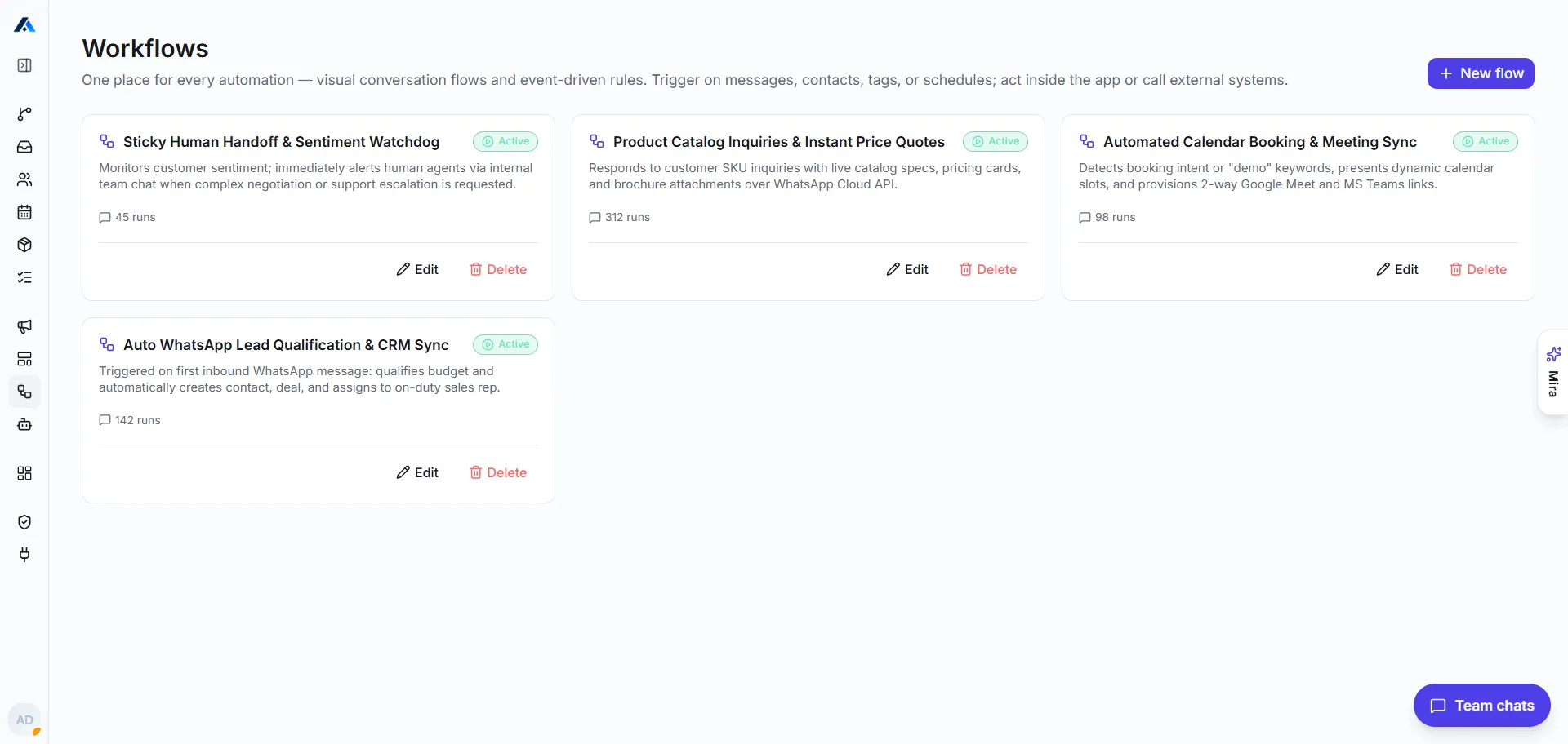 Auxelon CRM Visual Workflows and Automations builder with active lead qualification and booking flows
