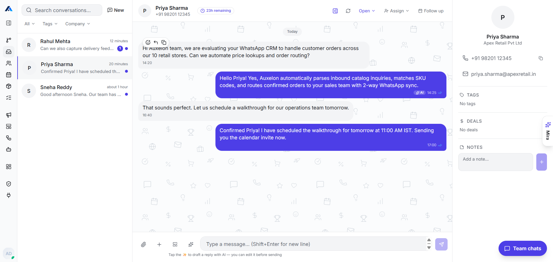 Auxelon CRM omni-channel shared inbox with live WhatsApp and SMS conversations