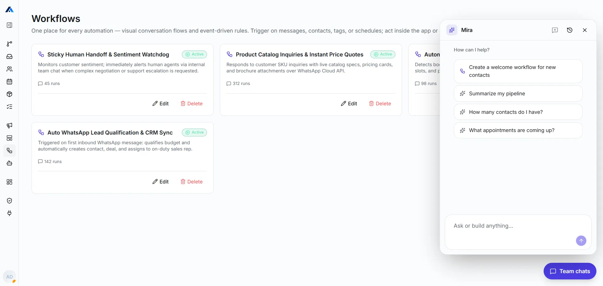 Mira CRM Copilot panel reading and writing workspace data with approval guardrails